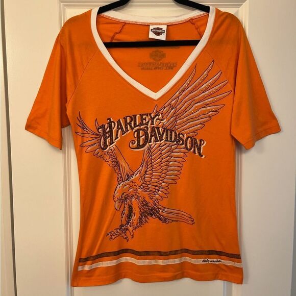 HARLEY DAVIDSON Short Sleeve V-Neck T-Shirt Orange Women’s Size Medium - Picture 1 of 7